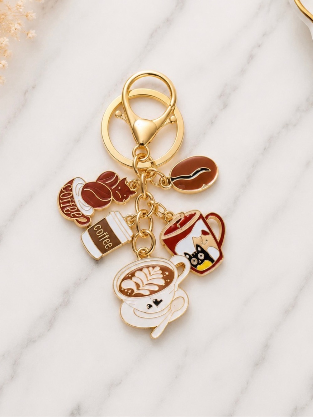 Gold-Tone Coffee Charm Keychain - White & Burgundy Coffee Cup Charms